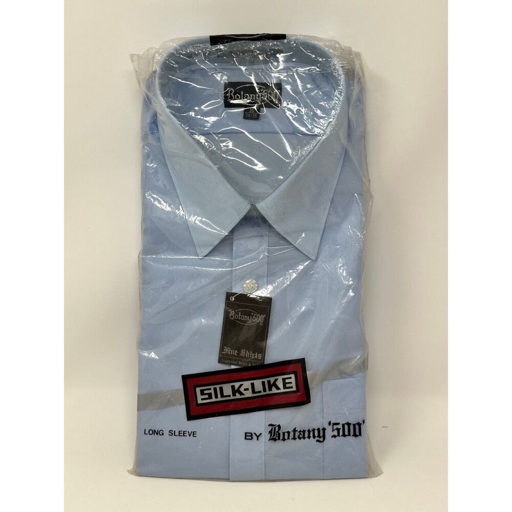 NOS 70s Botany 500 Silk-Like Men’s Long Sleeve Dress Shirt Blue Size 16 34/35